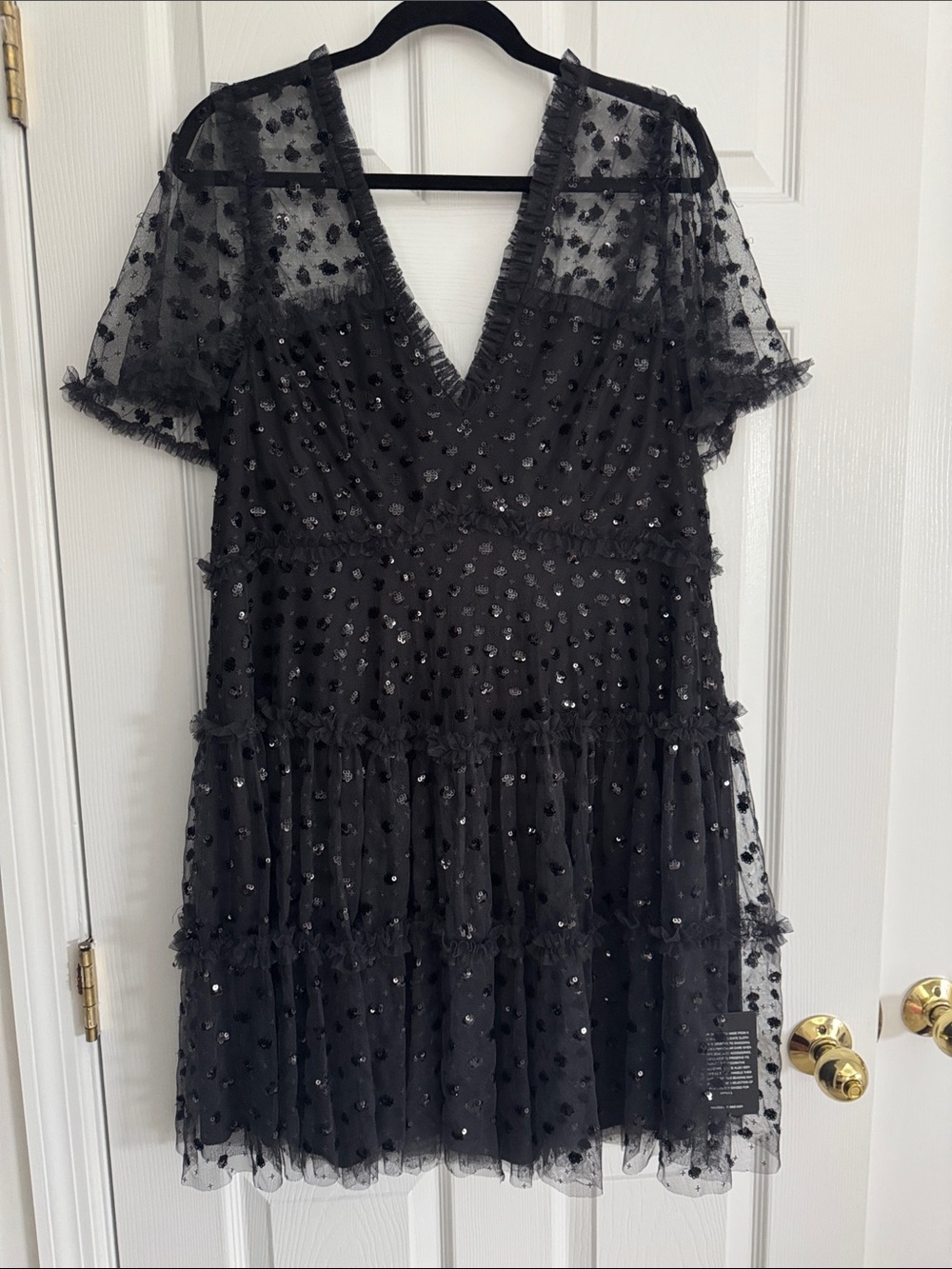 Needle & Thread Black Dotted Tulle V-Neck Mini Dress